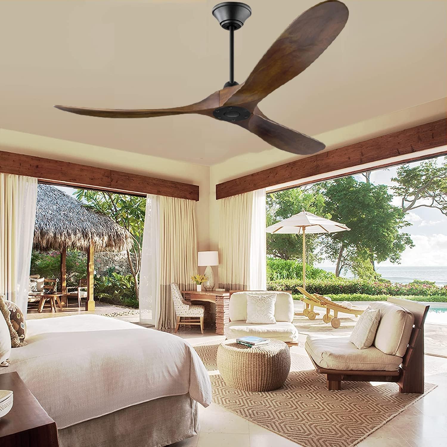 Ceiling Fan without Lights, 60 Inch Outdoor/ Indoor Damp Ceiling Fan 3 Blade low profile Ceiling Fan with Noiseless Energy Efficient DC Motor for Patio Farmhouse Bedroom (60 inch, Walnut Ceiling Fan)