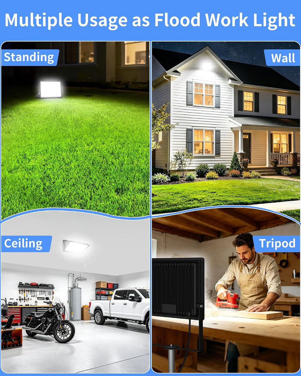 ISUERFY 4Pack 200W LED Flood Light Outdoor with Plug, 24000Lm Super Brighter Security Light, IP66 Waterproof LED Worklight, 5000K Daylight White Exterior Floodlight for Yard Garden Garage Stadium
