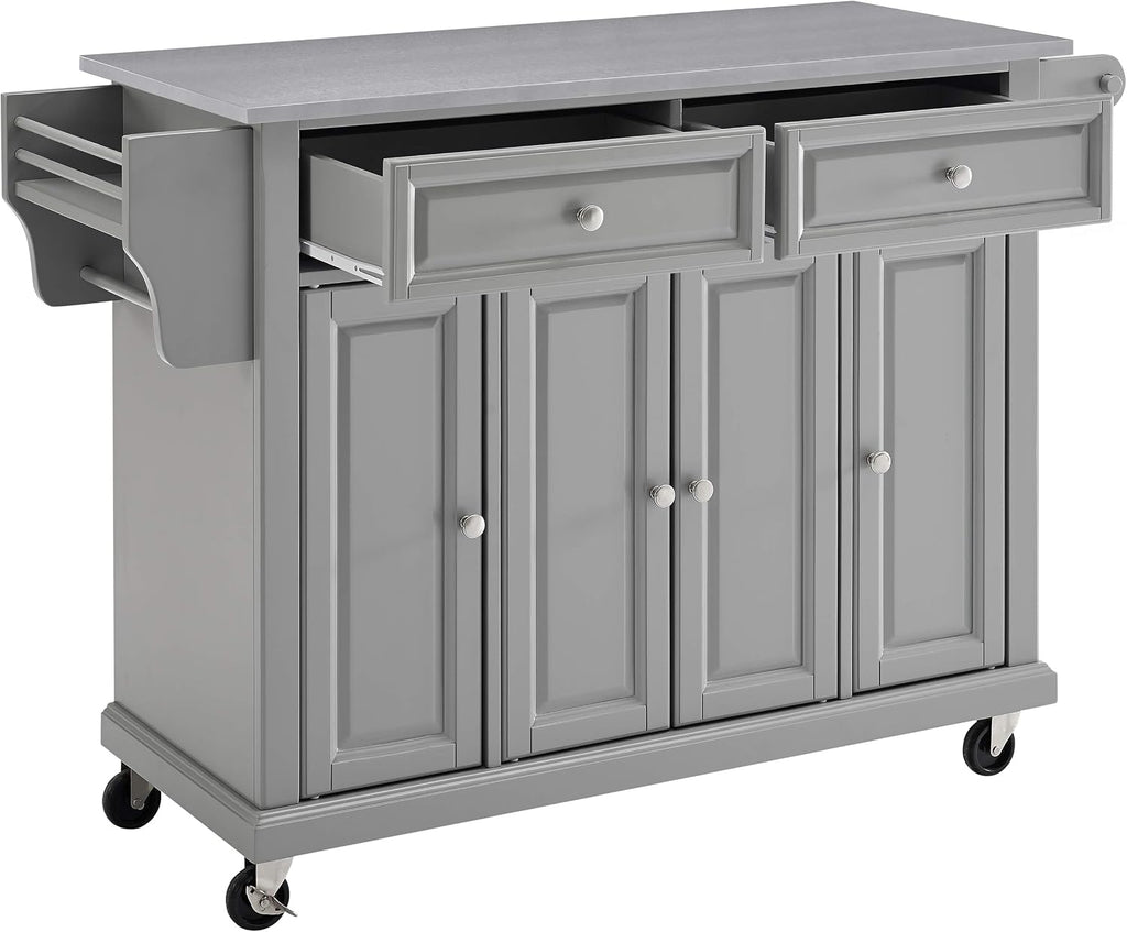 Crosley Furniture Full Size Stainless Steel Rolling Kitchen Island Storage Cart, Microwave Stand, Spice Rack, Gray