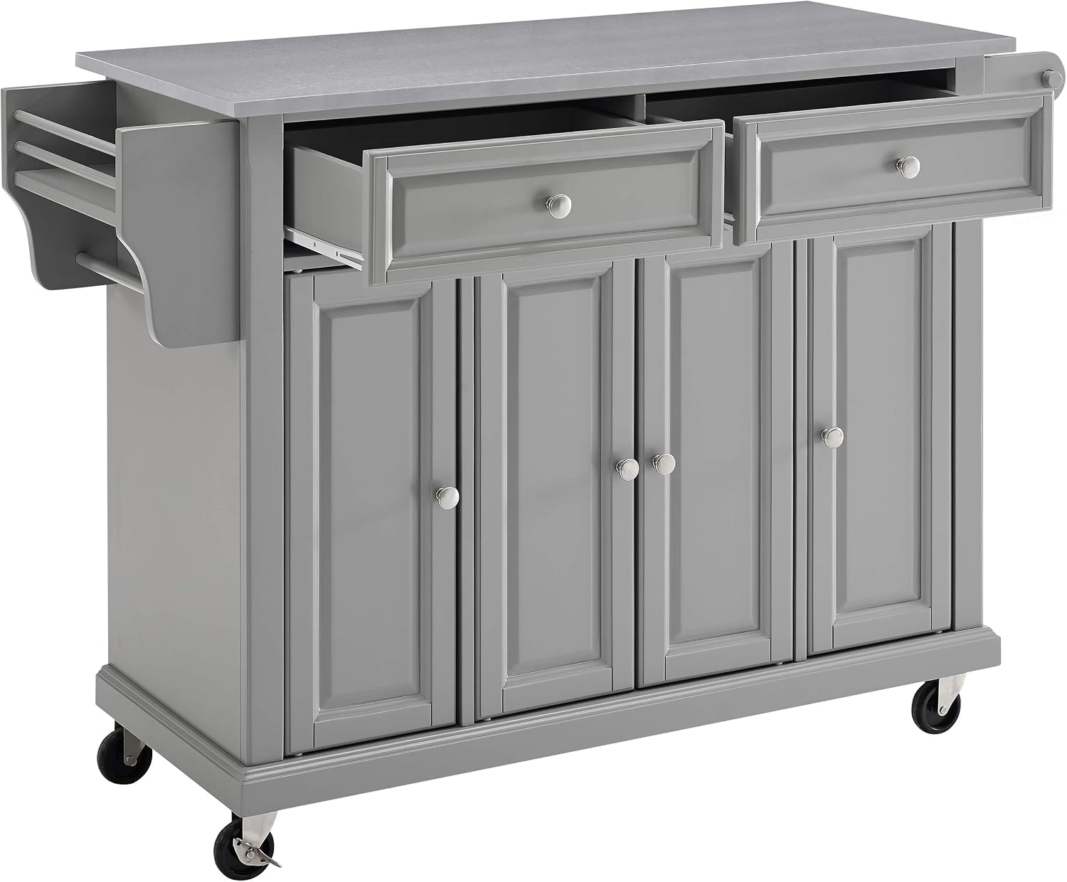 Crosley Furniture Full Size Stainless Steel Rolling Kitchen Island Storage Cart, Microwave Stand, Spice Rack, Gray