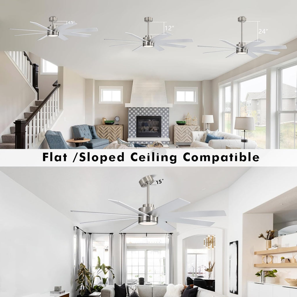 WINGBO 60' Large DC Ceiling Fans with Lights and Remote, 3 Downrods, 8 Plywood Blades, 6-Speeds Reversible DC Motor, 3CCT, Indoor Ceiling Fan for Bedroom Living Room Patio, Brushed Nickel and Silver