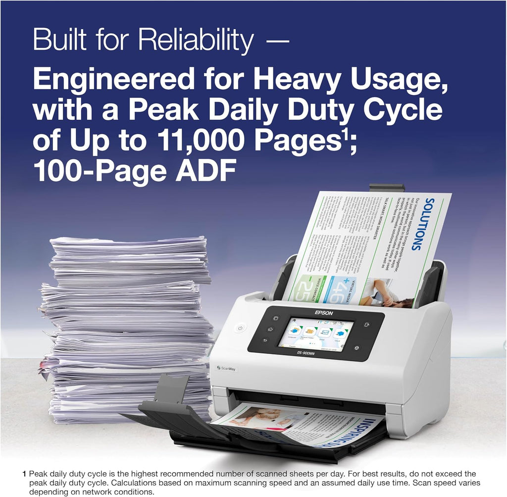 Epson DS-900WN EdgeLink High-Speed Wireless Network Color Document Scanner with Duplex Scanning Computer-Free Function, 100-page Auto Doc Feeder (ADF) and 4.3' Colorful Touchscreen