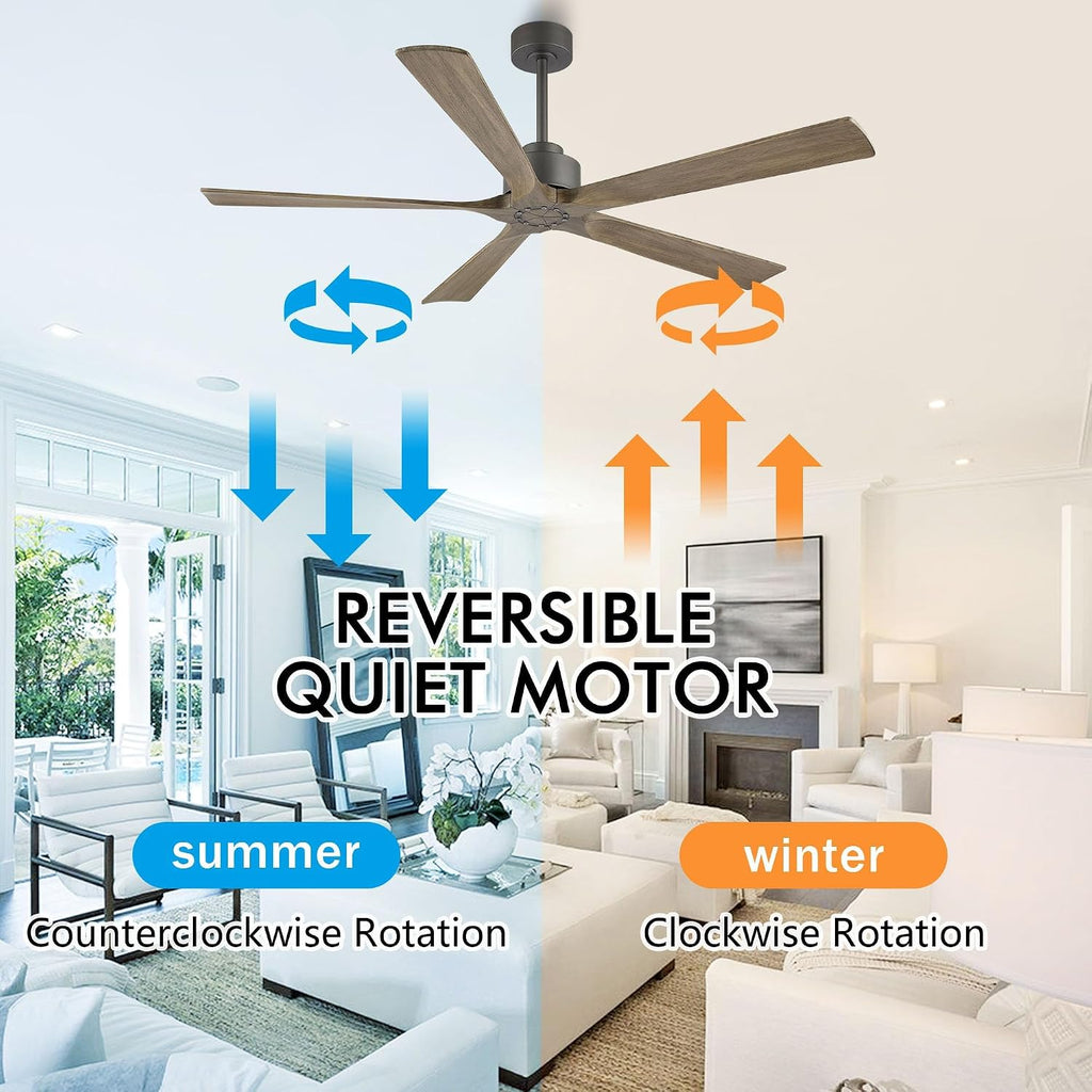 ELEHINSER 60 Inch Modern Ceiling Fan without Light, 5 Solid Wood Blades 6-Speed Noiseless Reversible DC Motor, Ceiling Fan with Remote Control for Bedroom Living Room, Charcoal Finish with Wood Blade