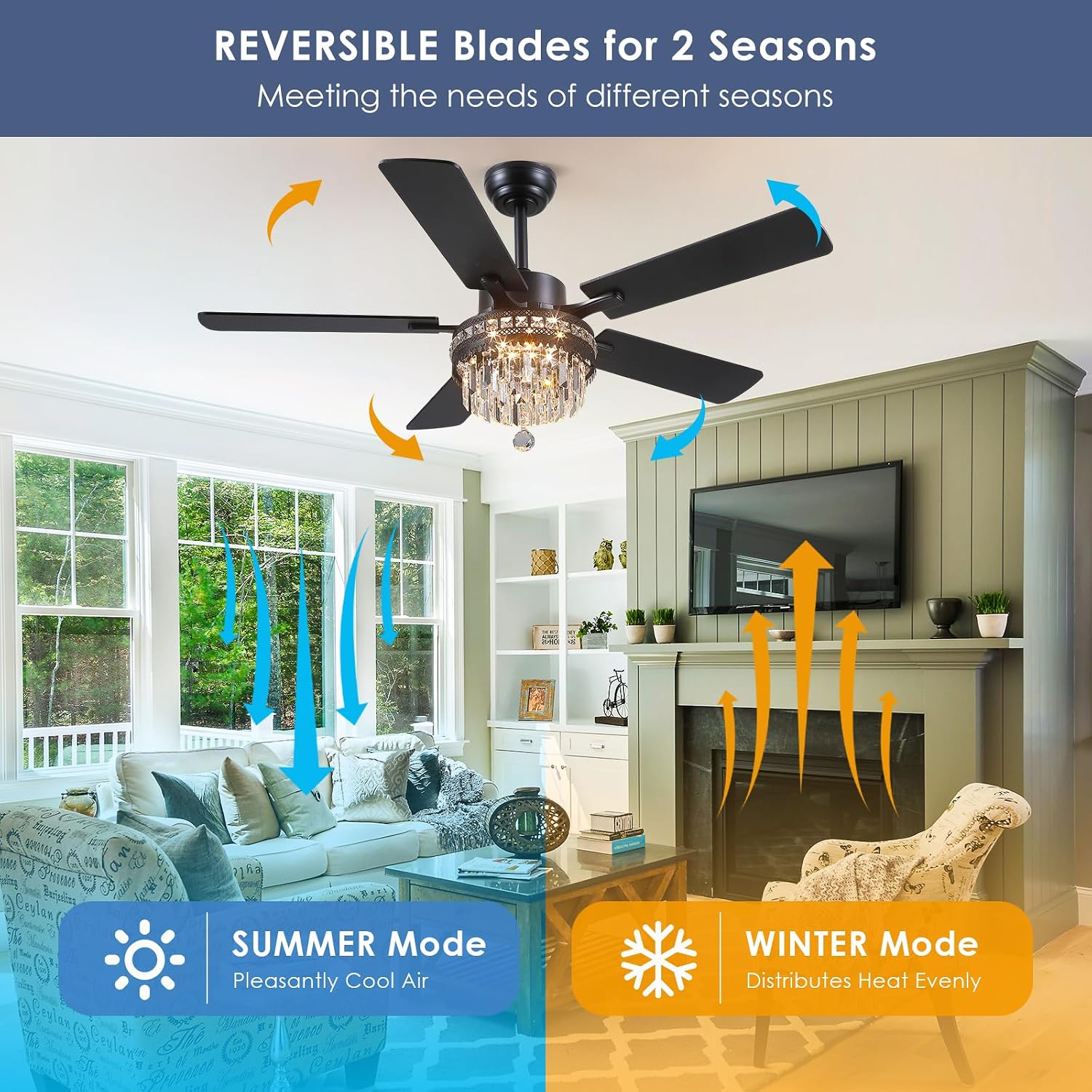 Asyko Crystal Ceiling Fan Fandelier with Lights - 46' Crystal Ceiling Fans with Noiseless DC Motor, Retro/Farmhouse Lighting, Dining Room,Living Room