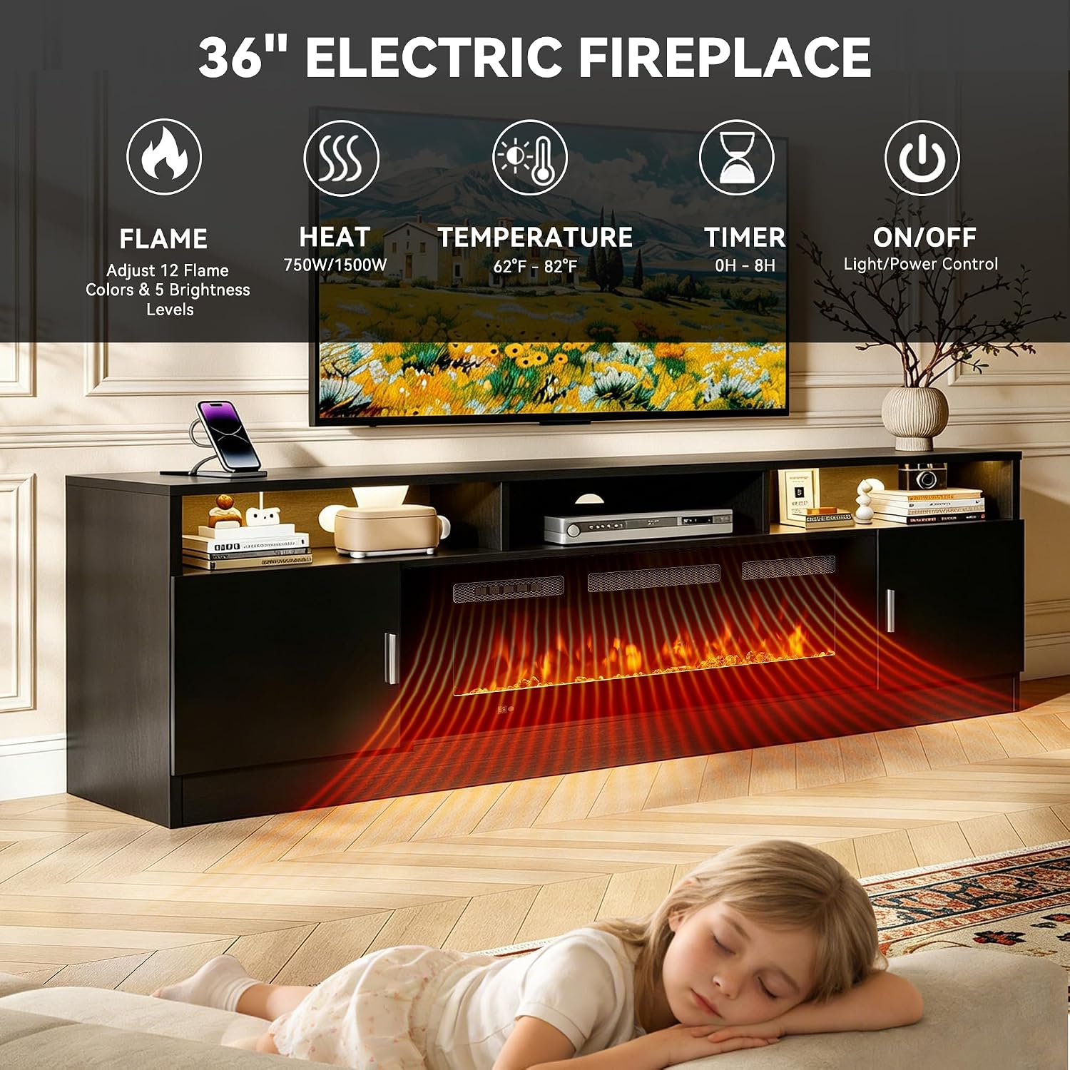 80' Fireplace TV Stand with Power Outlet, Electric Fireplace Entertainment Center with Storage Cabinets, Fits TVs up to 90', TV Console with LED Lights for Living Room, Office, Black-Black