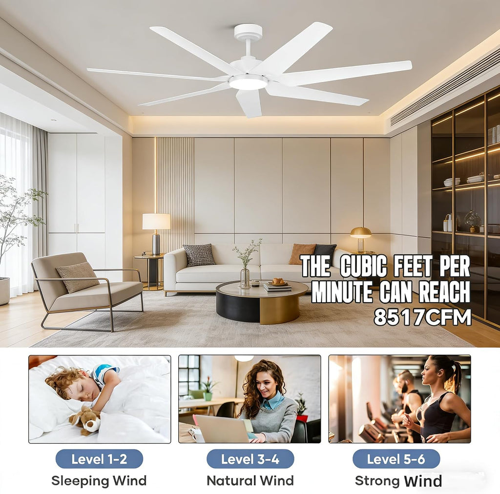 65' Smart Ceiling Fan with Light, Alexa/Google/App Control, 7 ABS White Blades & High-CFM Quiet DC Motor, Energy Efficient Modern Indoor/Outdoor Fan,Dimmable LED for Bedroom, Covered Patio, Porch