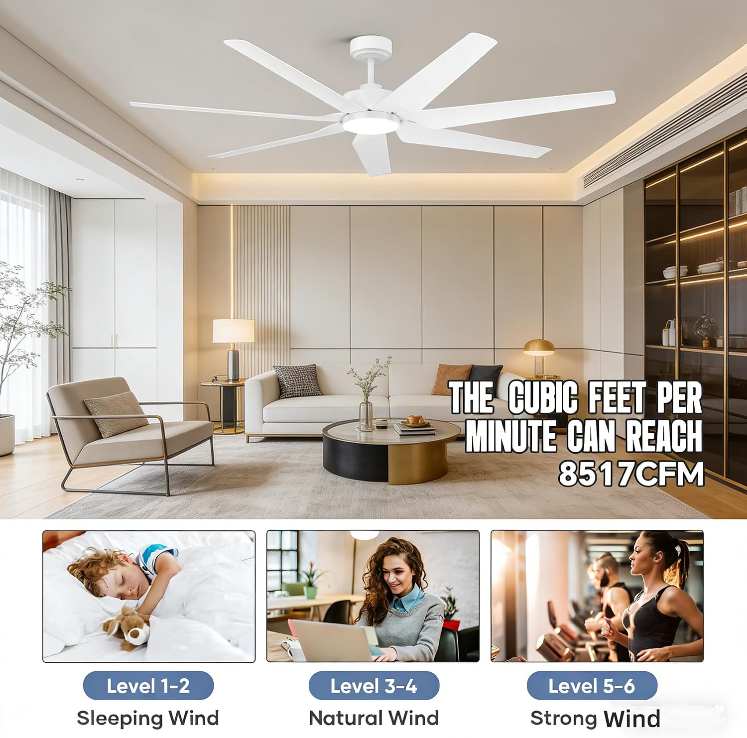 65' Smart Ceiling Fan with Light, Alexa/Google/App Control, 7 ABS White Blades & High-CFM Quiet DC Motor, Energy Efficient Modern Indoor/Outdoor Fan,Dimmable LED for Bedroom, Covered Patio, Porch