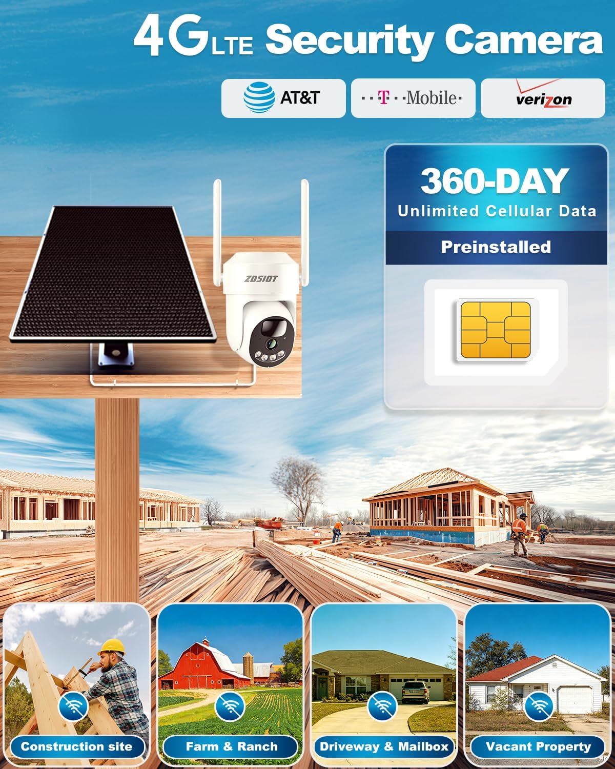 4MP Cellular Security Camera 24/7 Recording with 360-Day SIM Data for Jobsite/Barn/Rural Areas, No WiFi Solar 4G LTE Camera Wireless Outdoor, Motion Detection, 360° Human Tracking, 64GB TF Card