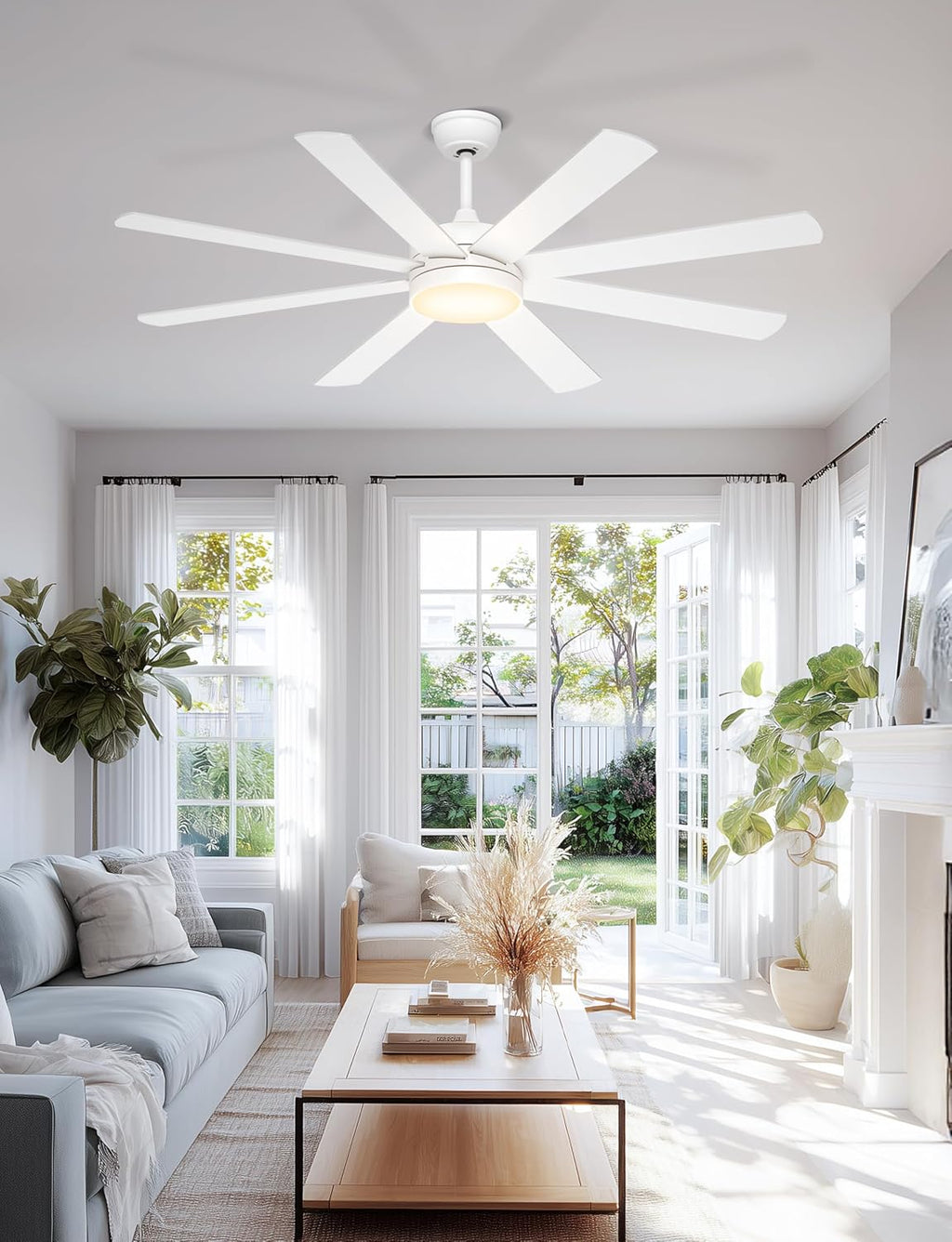 60 Inch Ceiling Fans with Lights - 8 Blades White Ceiling Fan Remote/APP Control, Dimmable, Reversible Ceiling Fan for Indoor/Covered Outdoor