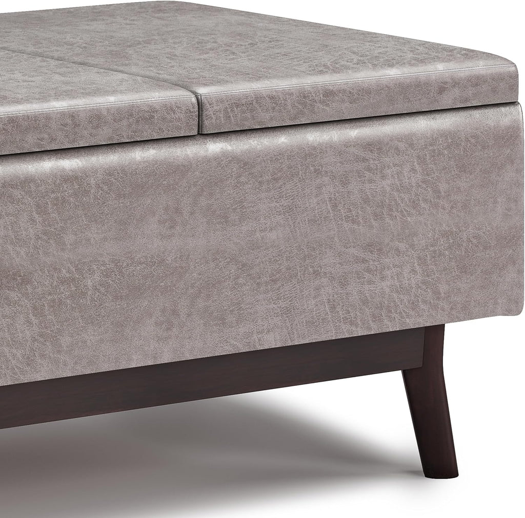 SIMPLIHOME Owen Tray Top Small Coffee Table Storage Ottoman - 34 inch Wide Upholstered Vegan Leather Rectangular Flip-Top Ottoman in Distressed Grey, Mid-Century Modern Ottoman for Living Room