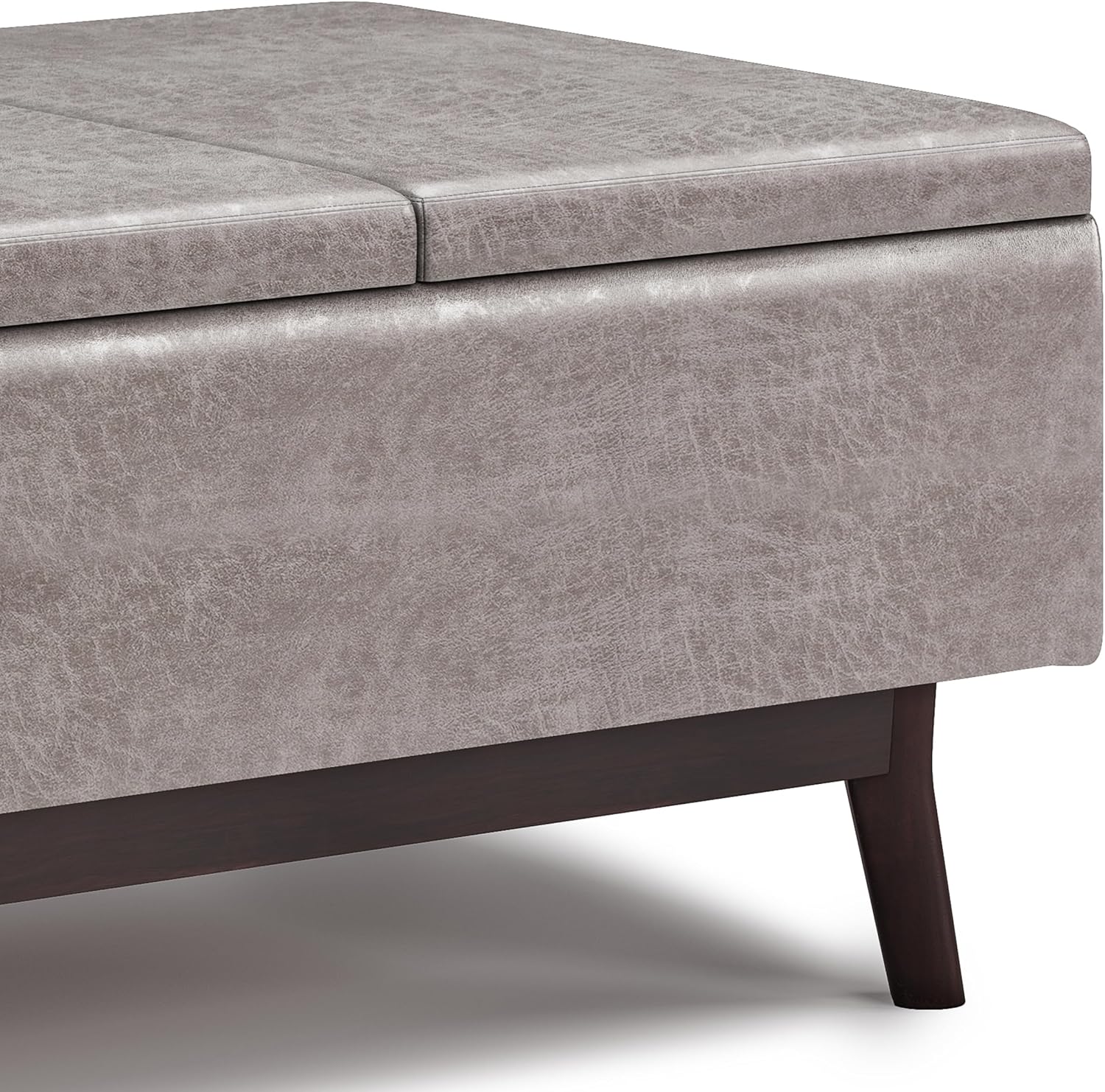 SIMPLIHOME Owen Tray Top Small Coffee Table Storage Ottoman - 34 inch Wide Upholstered Vegan Leather Rectangular Flip-Top Ottoman in Distressed Grey, Mid-Century Modern Ottoman for Living Room