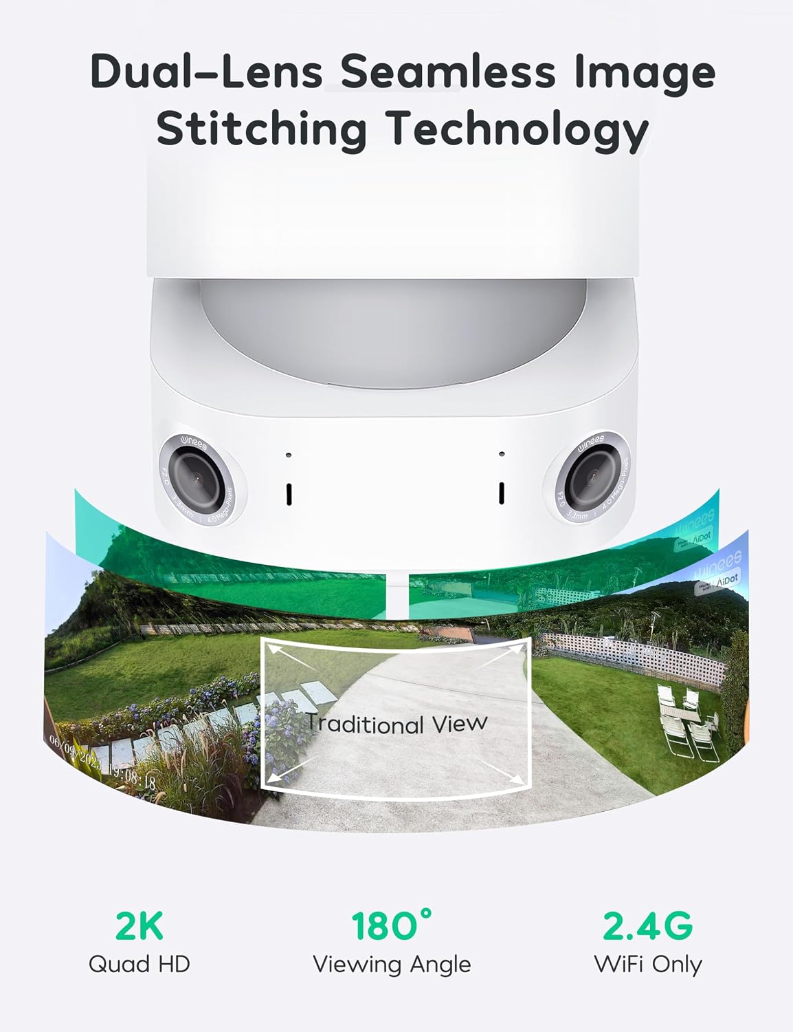 winees Floodlight Camera, Wired 2K HD Dual-Lens Outdoor Security Camera, 180 Degree Panoramic Motion Detection, 3000 Lumens, Color Night Vision, 110dB Siren, 2-Way Audio (White)