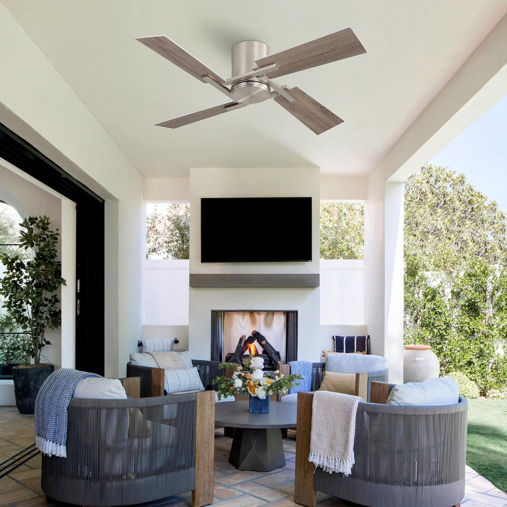 WINGBO 48 Inch Flush Mount Ceiling Fan without Light - 4 Plywood Blades, 6-Speed Reversible DC Motor, Noiseless Low Profile Ceiling Fan No Light for Bedroom Living Room, Nickel and Silver/Gray