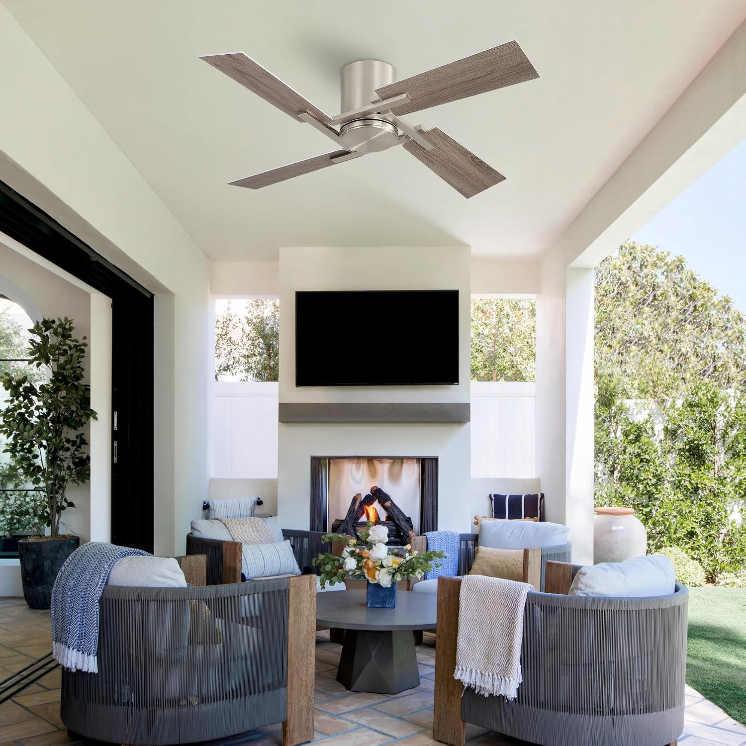 WINGBO 48 Inch Flush Mount Ceiling Fan without Light - 4 Plywood Blades, 6-Speed Reversible DC Motor, Noiseless Low Profile Ceiling Fan No Light for Bedroom Living Room, Nickel and Silver/Gray