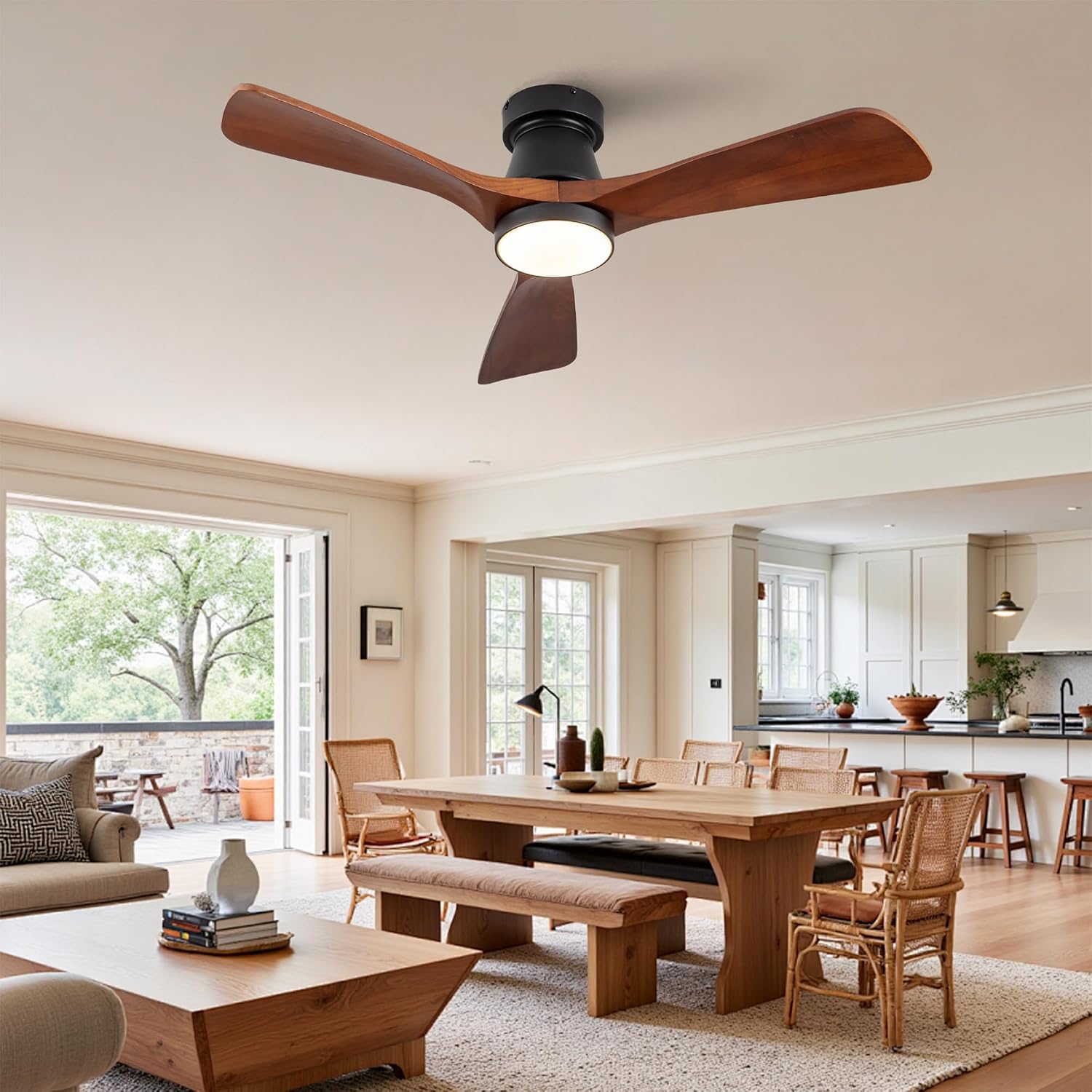 42 Inch Black Flush Mount Ceiling Fan with Light: Dimmable LED (3 Colors), Indoor,Outdoor Reversible DC Motor, 3 Solid Wood Blades for Bedroom, Patio.
