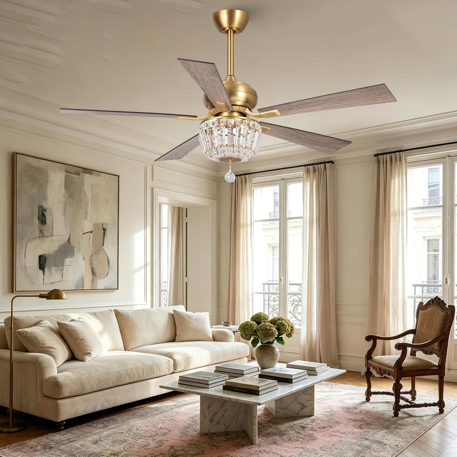 52' Crystal Ceiling Fan with Lights and Remote, Champagne Bronze Chandelier Ceiling Fan, Reversible 5-Blade Ceiling Fan for Bedroom, Living Room, Dining Room, Luxury Glam Style