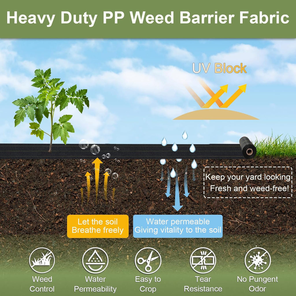 KANAGAWA 6oz Heavy Duty 5ft x 300ft Weed Barrier Fabric - Professional Woven Landscape Ground Cover with 90 Landscape Staples, Superior 6oz Density for Driveway Garden & Yard Greenhouse Gardening