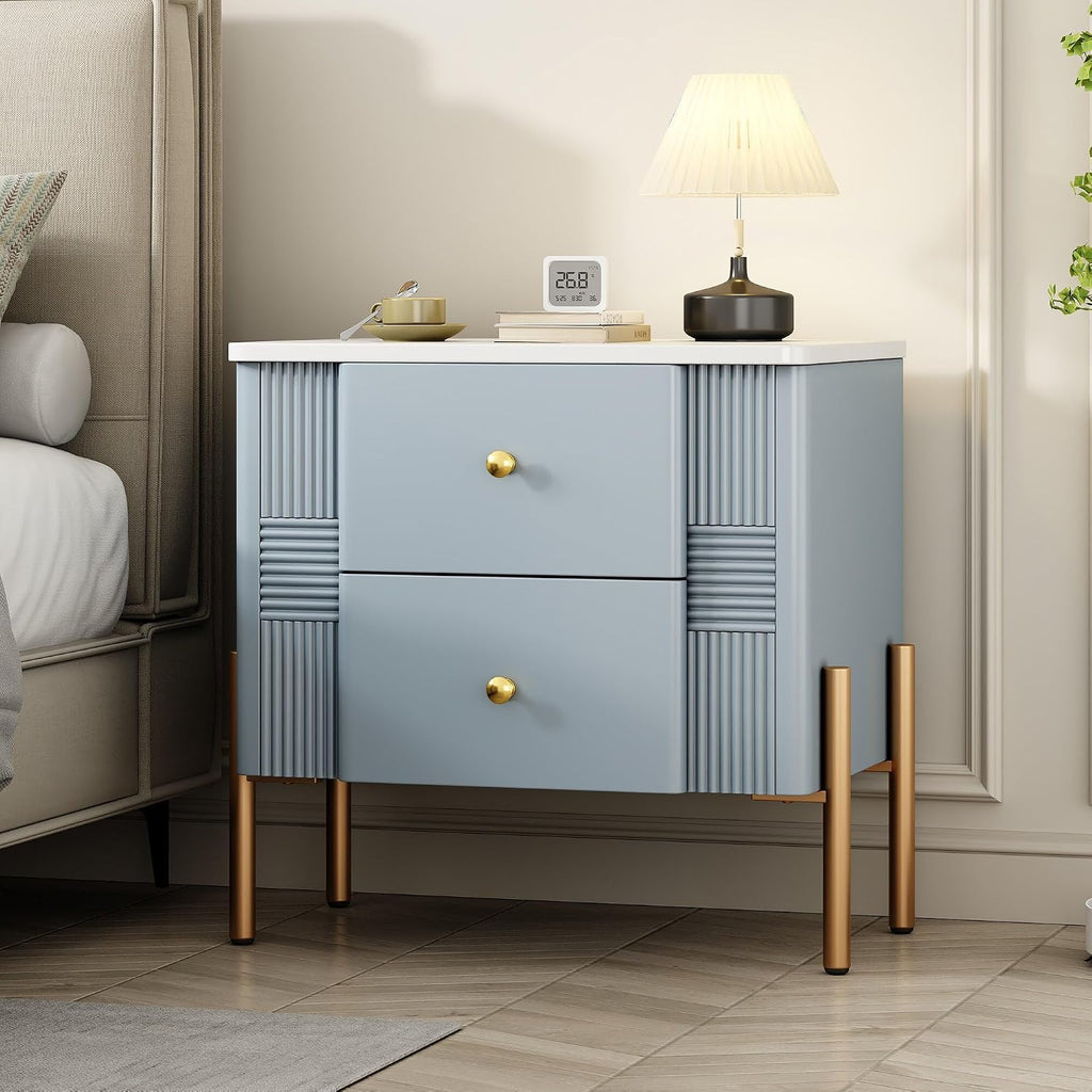 Christopher Knight Home Canyon Modern Nightstand with Golden Metal Handles and Legs, Bedside Table/End Table for Bedroom/Living Room, Multipurpose Storage Cabinet with 2 Drawers, Blue
