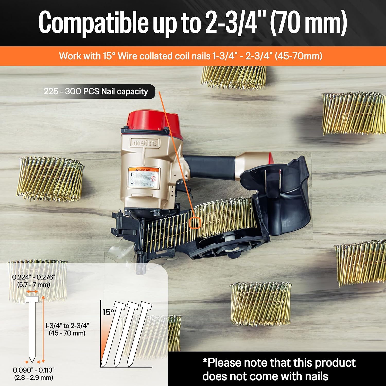 meite CN70B Pneumatic Coil Nailer with 15 Degree Siding Nails 2' × .099'' - Air Coil Nail Gun with 400PCS Magazine, 360° Adjustable Exhaust for Framing Sheathing Pallets Hardwood Projects