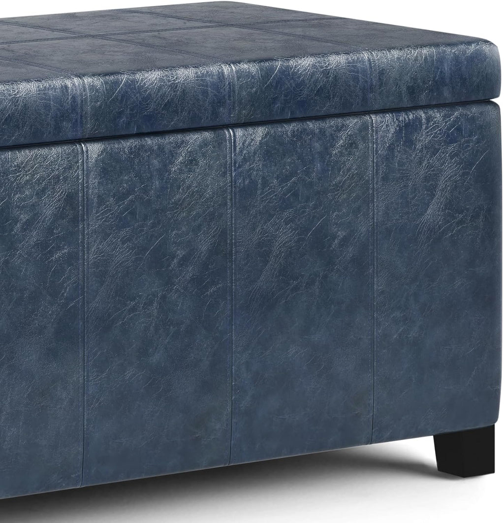 SIMPLIHOME Dover Storage Ottoman Bench - 36 inch Wide Upholstered Vegan Leather Rectangular Lift-Top Ottoman in Denim Blue, Contemporary Bench for Living Room with Safety Hinges