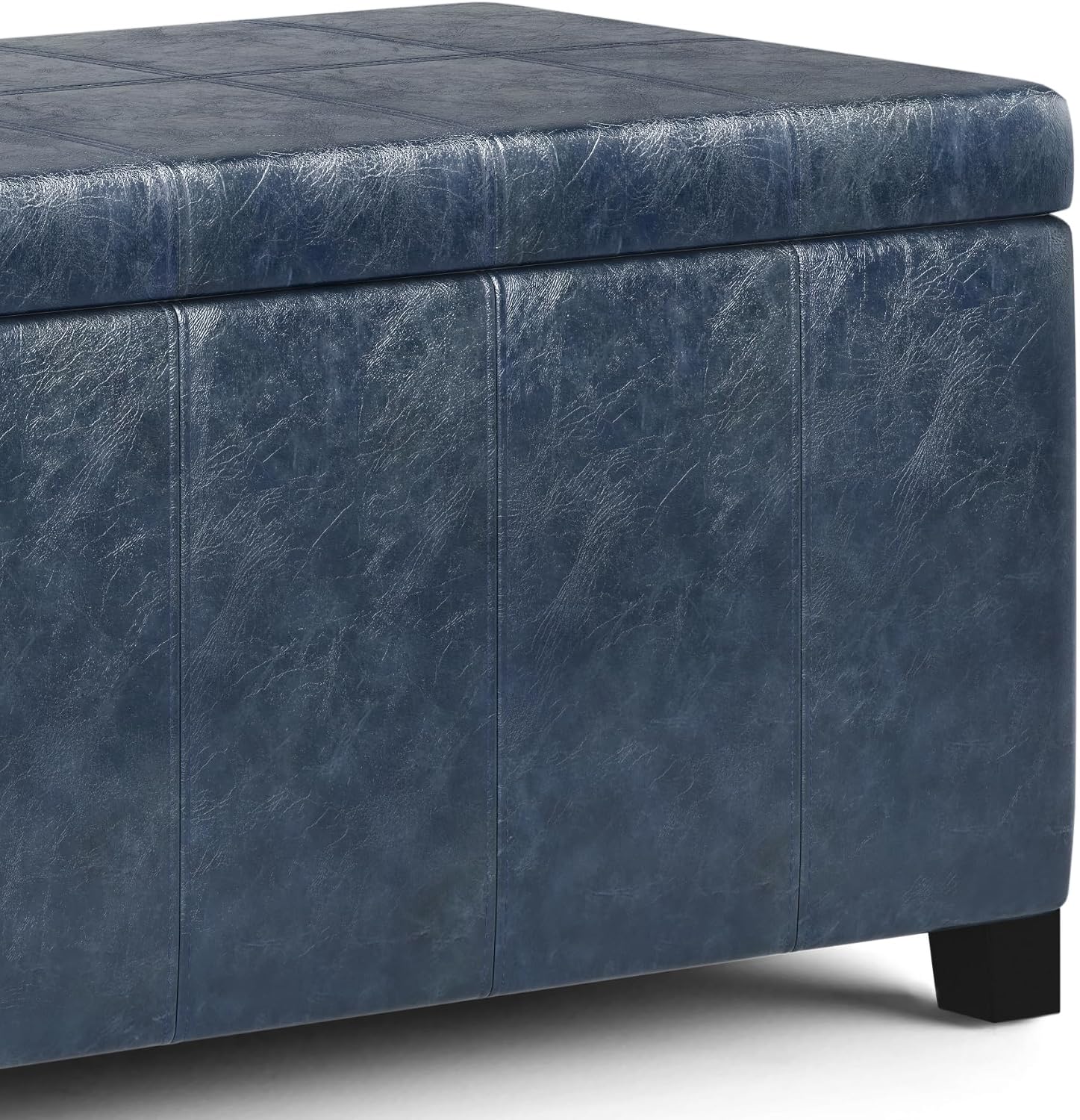 SIMPLIHOME Dover Storage Ottoman Bench - 36 inch Wide Upholstered Vegan Leather Rectangular Lift-Top Ottoman in Denim Blue, Contemporary Bench for Living Room with Safety Hinges