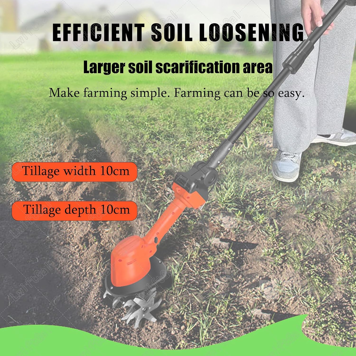Cordless Handheld Cultivator, Garden Rotavator with 10cm Tilling Depth and 10cm Tilling Width, Electric Tiller with Battery, for Farm, Yard With1.3mExtension-1battery