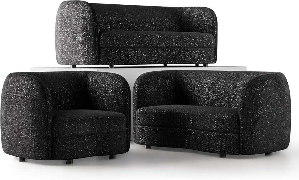 Furniture of America Nimiane Modern Boucle 3 Piece Sofa Set with Curved Arms and Wooden Legs, Accent Furniture Sets for Living Room, Home Office, Bedroom, Lounge, Black