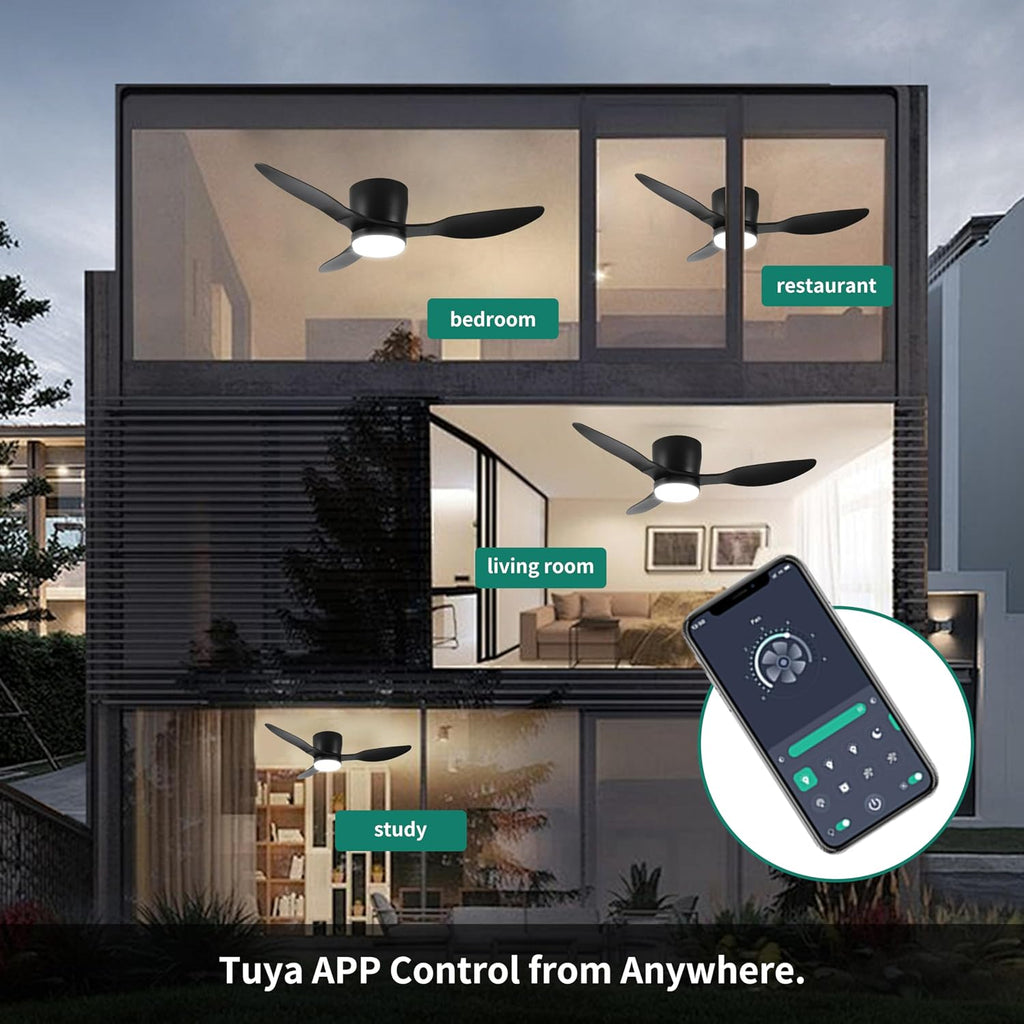 42' Smart Flush Mount Ceiling Fans with Lights Remote,Quiet DC Motor,Outdoor Indoor Low Profile Ceiling Fan,Control with WIFI App,Dimmable,ABS blades,for Bedroom Patio