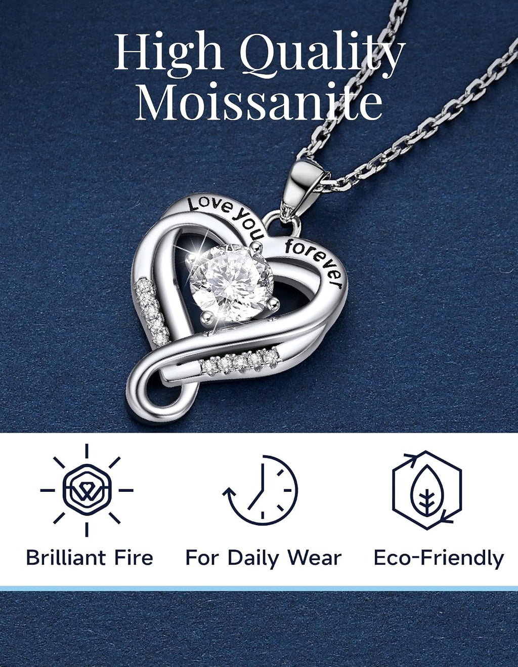 MomentWish Heart Necklace for Women, Jewelry Gifts for Her, D Color VVS1 Moissanite Necklace in 925 Sterling Silver, Infinity Pendent for Birthday Anniversary Mother's Day