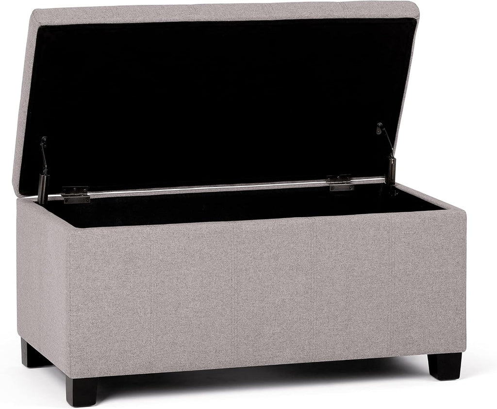 SIMPLIHOME Dover Storage Ottoman Bench - 36 inch Wide Upholstered Linen Look Fabric Rectangular Lift-Top Ottoman in Cloud Grey, Contemporary Bench for Living Room with Safety Hinges