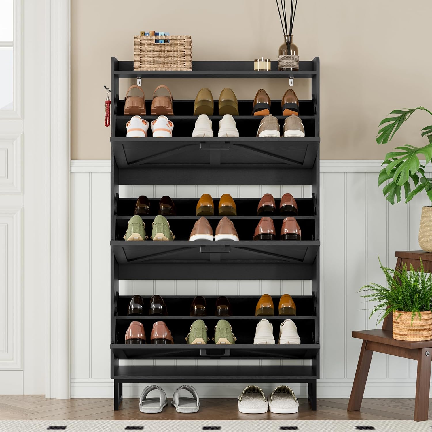 BORNOON Shoe Cabinet with 3 Flip Drawers Narrow Shoe Storage Cabinet Organizer Wooden Freestanding Shoe Rack Hidden Slim Shoes Storage Cabinet for Entryway, Hallway, Living Room, Bedroom