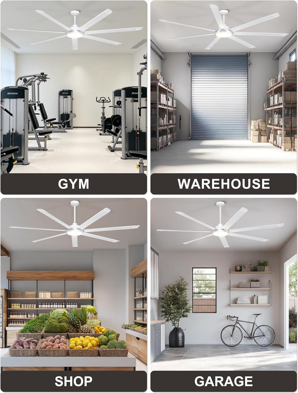 Ohniyou 84'' Large Ceiling Fan with Lights, High CFM Industrial Ceiling Fan Remote/APP Control, 7 Aluminum Blades, 3CCT, for Warehouse, Shop, Garage, White