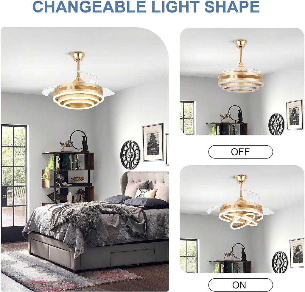 42' Gold Fandelier Ceiling Fan Retractable Ceiling Fan with Lights Remote Control, Modern Chandelier LED Light, Silent DC Motor Reversible 6 Speeds for Bedroom Living Room Kitchen
