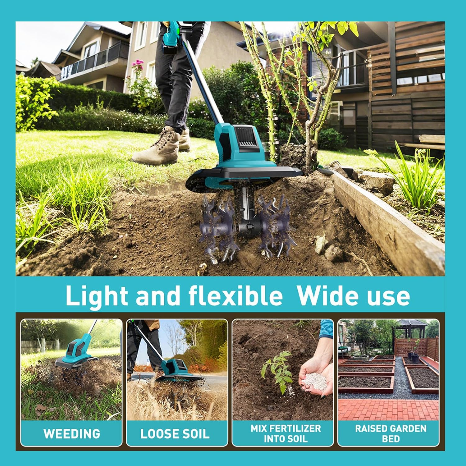 21V Cordless Tiller Cultivator, 360RPM Total 9000mAh Battery Powered Electric Garden Tillers with 2 Batteries, 9In Tilling Width and 6.7in Depth Rototiller for Soil Cultivation (US Plug)