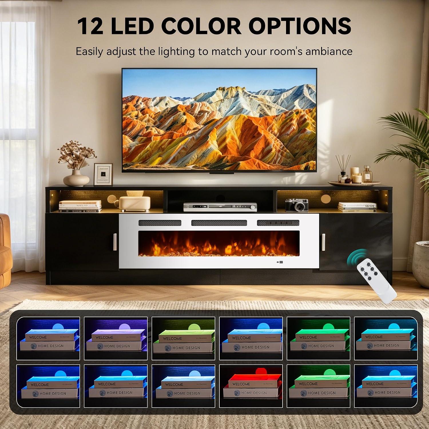 80' Fireplace TV Stand with Power Outlet, Electric Fireplace Entertainment Center with Storage Cabinets, Fits TVs up to 90', TV Console with LED Lights for Living Room, Office, Black-White
