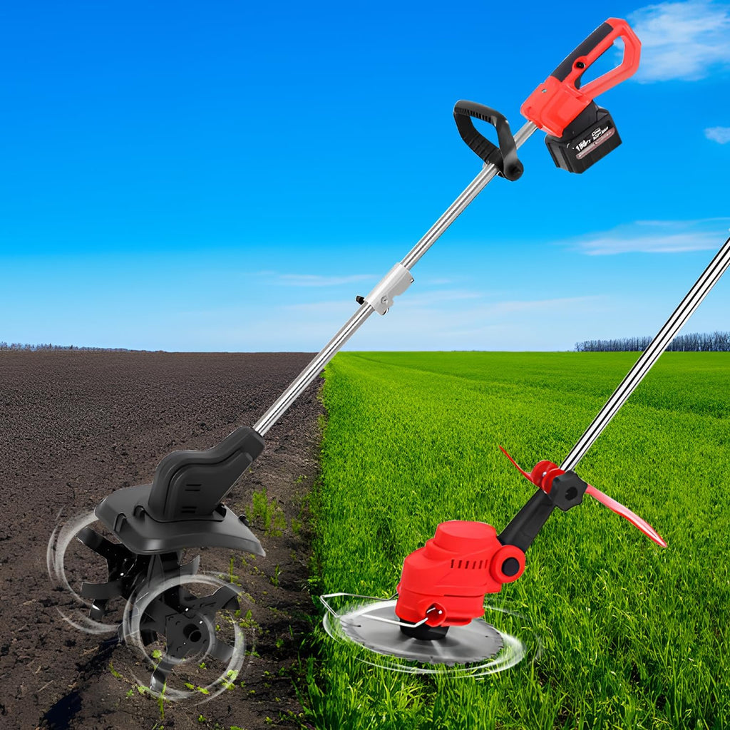 Cordless Hand Held Cultivator Tiller, 21V Electric Garden Tiller, Electric Garden Tiller, Battery Powered Cordless Tiller, with Steel Tines, for Orchard, Farm, Garden,2×6AH