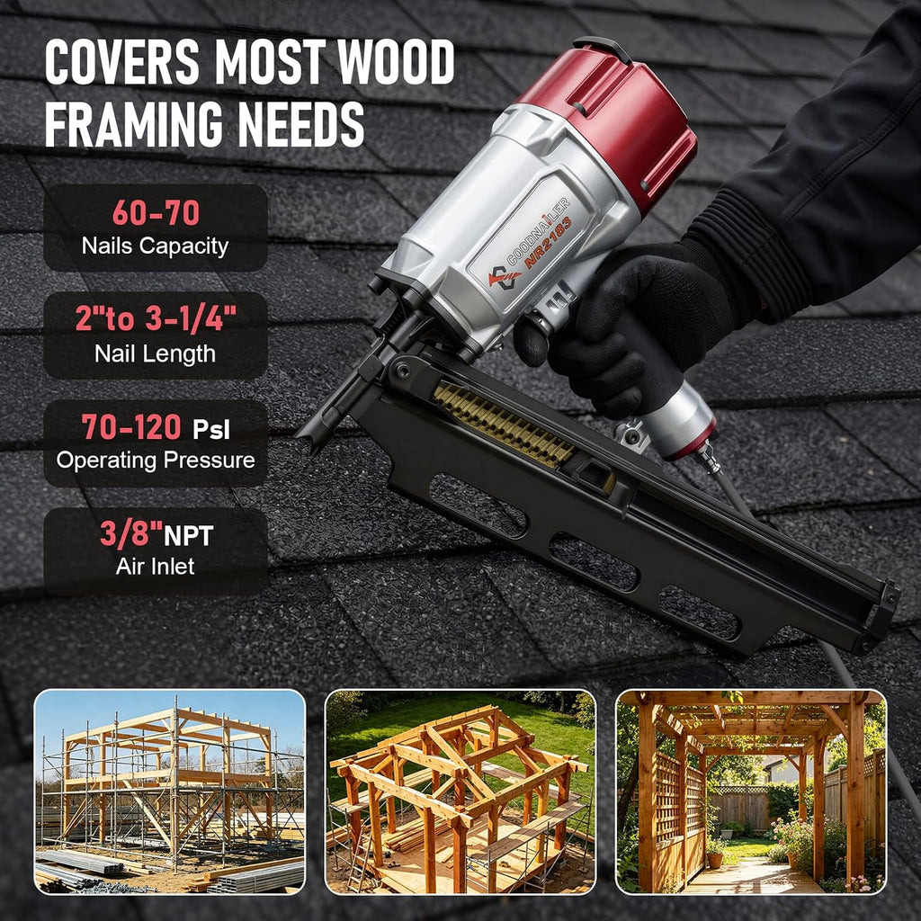 NR2183 Framing Nail Gun 21 Degree Plastic Strip Nailer 2-Inch up to 3-1/4-Inch Plastic Collated Full Head Framing Nailer Aluminum Magazine Light Weight Fast Speed