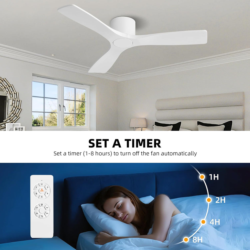 WINGBO 48 Inch Flush Mount DC Ceiling Fan without Lights, 3 Carved Wood Blades, 6-Speed Noiseless Reversible DC Motor, Hugger Ceiling Fan No Lights in Gloss White Finish, ETL Listed