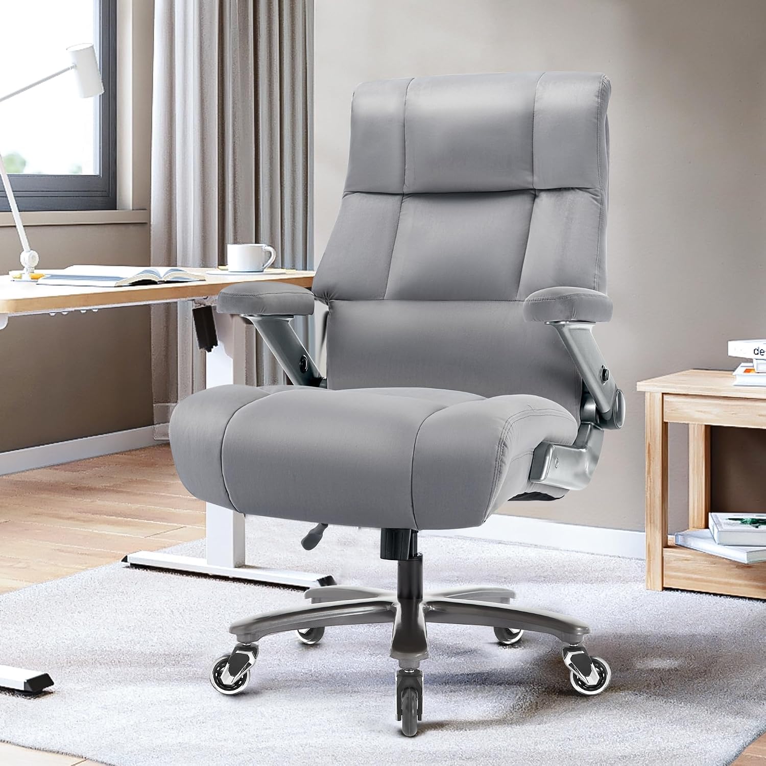 Big and Tall Office Chair 700lbs- Fabric Executive Desk Chair with Adjustable Lumbar Support 3D Flip UP Arms- Heavy Duty Quiet Wheels Metal Base Ultra-Soft Upholstered Ergonomic Computer Chairs, Grey