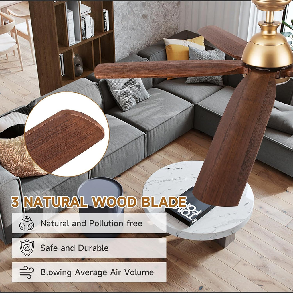 52 Inch Ceiling Fan with Light and Remote Control, Damp Rated Outdoor Fan for Patios, 5 Wood Bladesd and 3 Gold Downrods, 6-Speed Wind, Reversible DC Fan for Modern Farmhouse Office