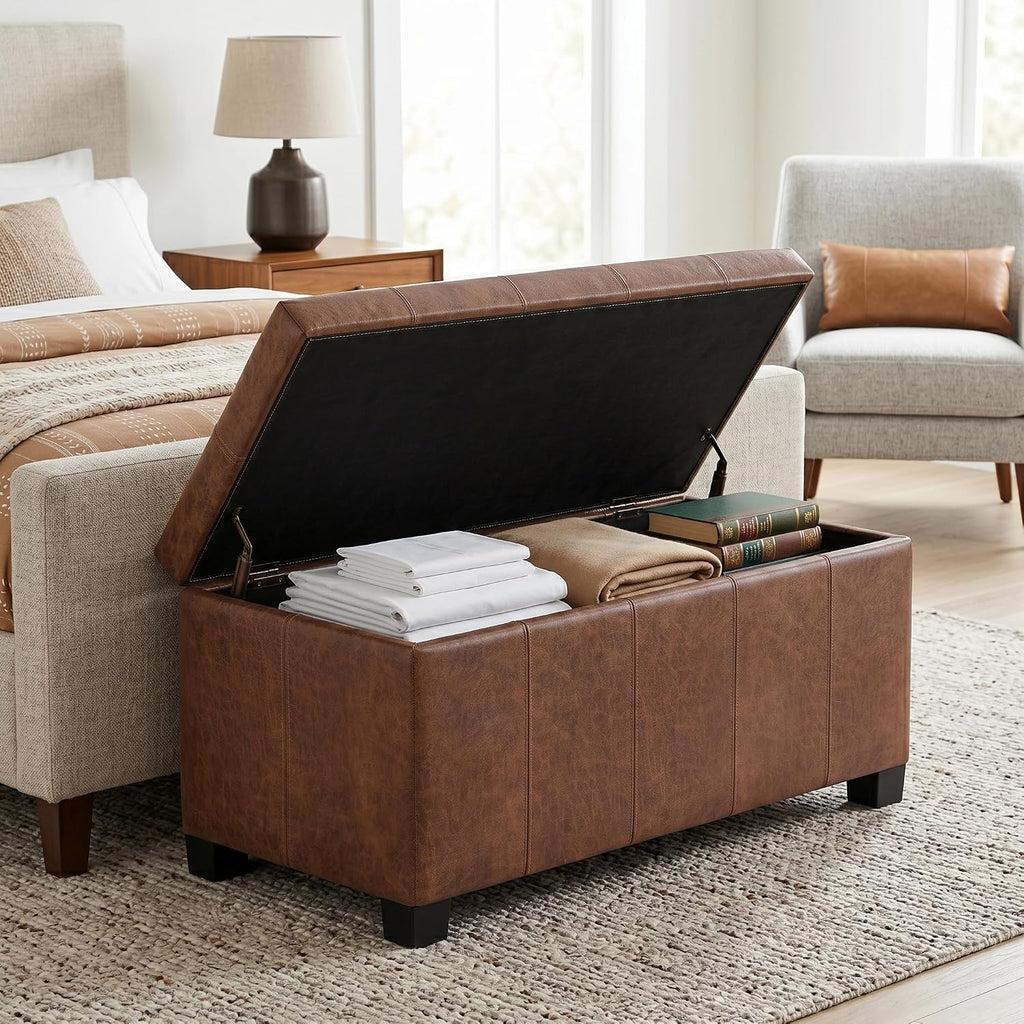 SIMPLIHOME Dover Storage Ottoman Bench - 36 inch Wide Upholstered Vegan Leather Rectangular Lift-Top Ottoman in Distressed Umber Brown, Contemporary Bench for Living Room with Safety Hinges