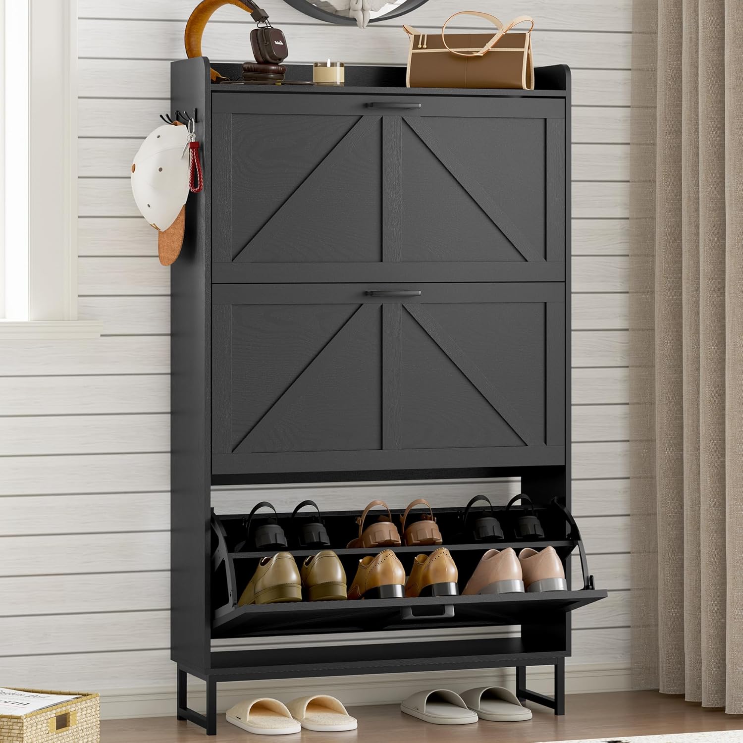BORNOON Shoe Cabinet with 3 Flip Drawers Narrow Shoe Storage Cabinet Organizer Wooden Freestanding Shoe Rack Hidden Slim Shoes Storage Cabinet for Entryway, Hallway, Living Room, Bedroom