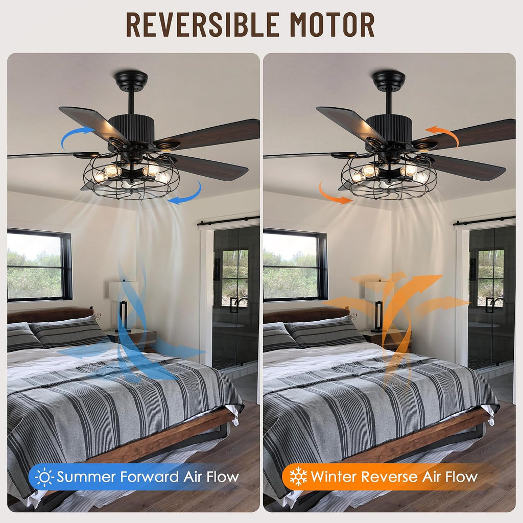 NA 52'' Retro Industrial Ceiling Fan with Iron Cage, Remote Control&Pull Chains, 5 Wood Reversible Blades, Vintage Pendant Light Fan for Bedroom/Living room/Dining room Black