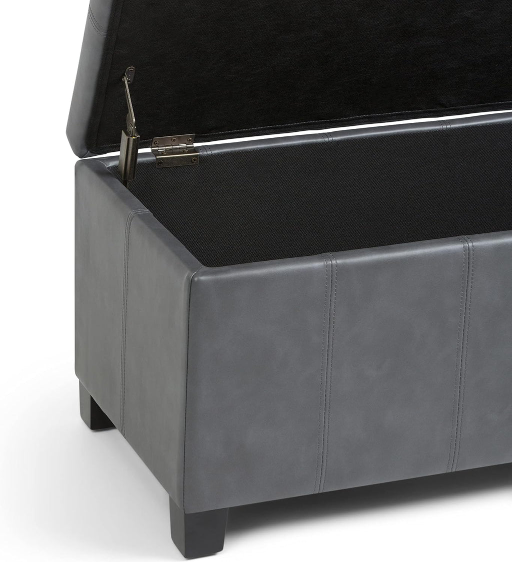 SIMPLIHOME Dover Storage Ottoman Bench - 36 inch Wide Upholstered Vegan Leather Rectangular Lift-Top Ottoman in Stone Grey, Contemporary Bench for Living Room with Safety Hinges