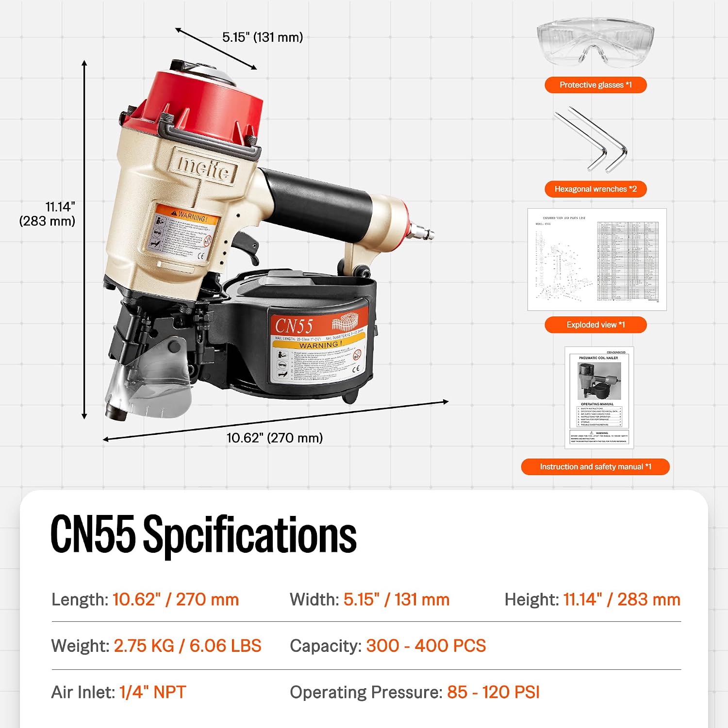 meite CN55 Coil Nailer Pneumatic Nail Gun 15 degree 1' to 2-1/4' Coil Nails, Heavy Duty Air Coil Nailer with Coil Nail Magazine 300PCS for Hardwood Projects Pallets Framing Sheathing