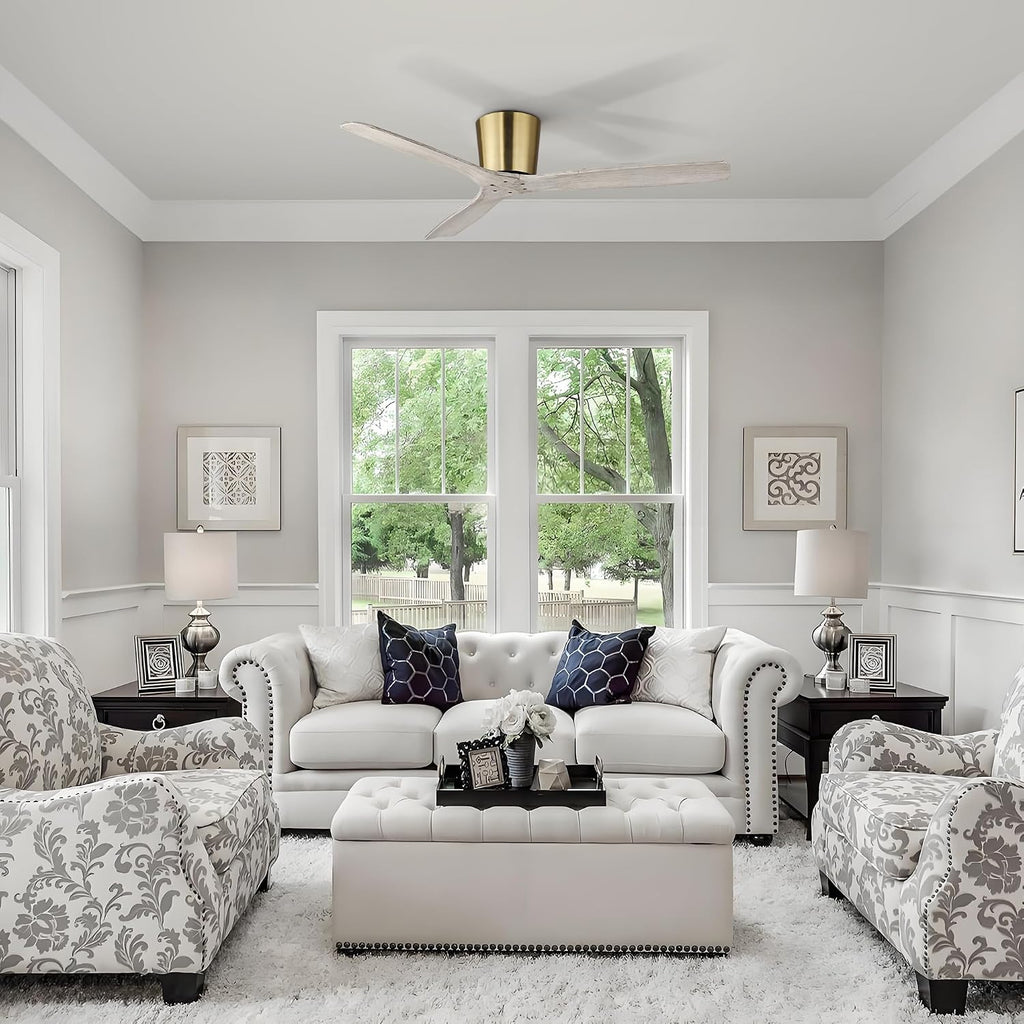 54' Modern Flush Mount Ceiling Fan with Remote, Gold Ceiling Fan with Solid Wood Blades, Low Profile Reversible DC Ceiling Fan for Bedroom, Living Room, Japandi, Coastal & Modern Organic Interiors