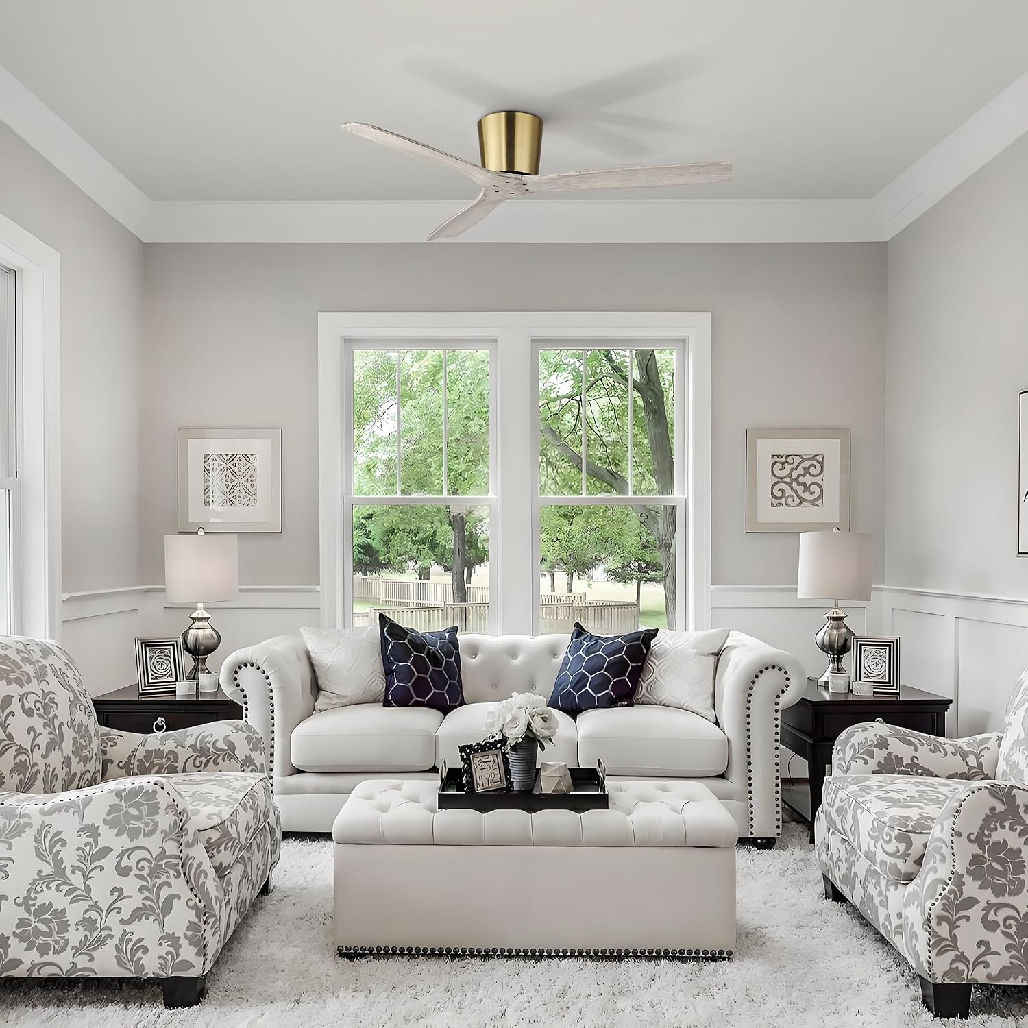 54' Modern Flush Mount Ceiling Fan with Remote, Gold Ceiling Fan with Solid Wood Blades, Low Profile Reversible DC Ceiling Fan for Bedroom, Living Room, Japandi, Coastal & Modern Organic Interiors