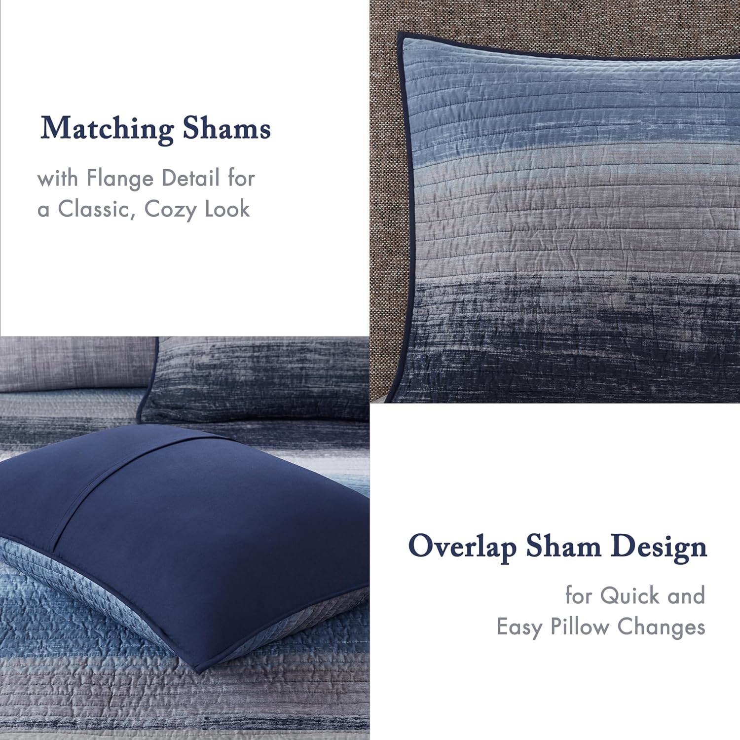 Madison Park Essentials Saben Cozy Bed in A Bag Reversible Quilt with Complete Cotton Sheet Set-Geometric Design All Season Cover, Decorative Pillow,King(104'x92'), Stripes Navy 8 Piece