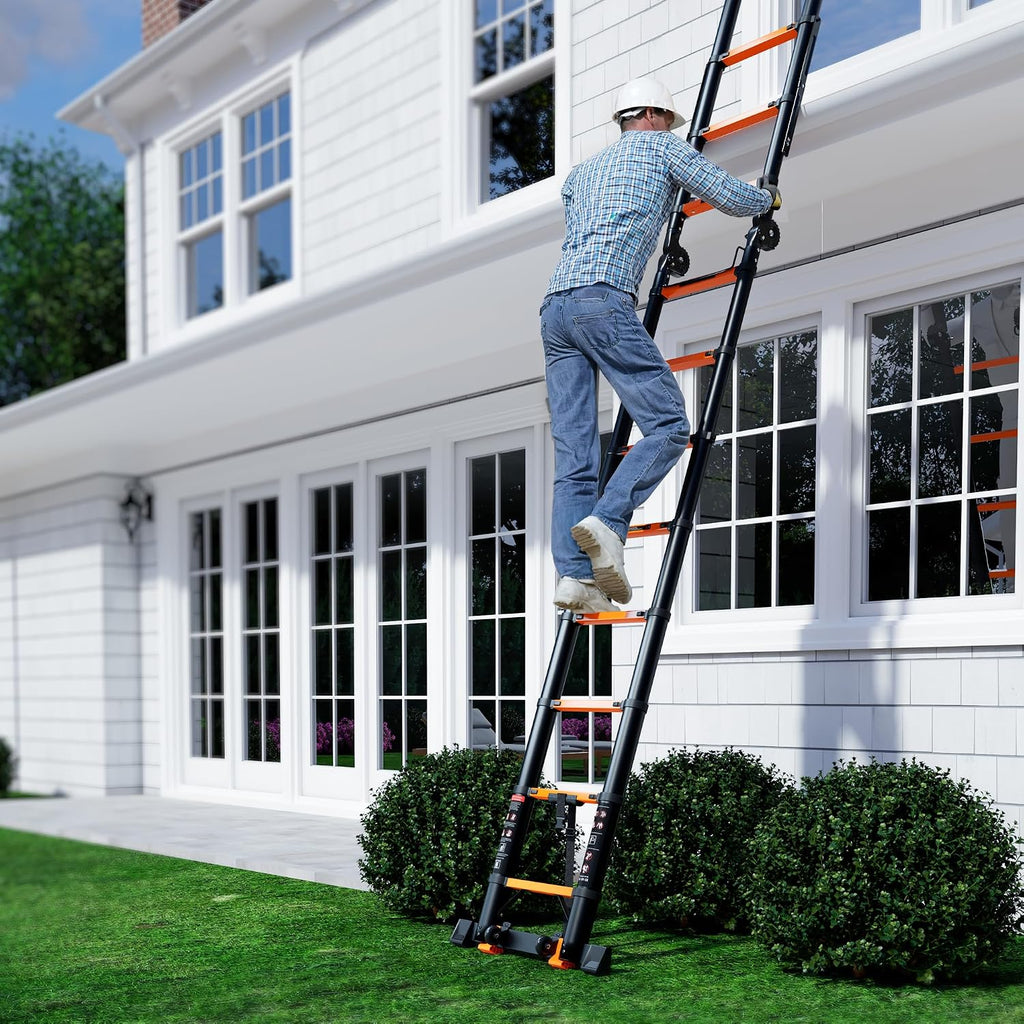 SINMEIRUN Telescoping Ladder, 8 Step, ANSI Certified, Type IA Heavy Duty, 330lbs Max Capacity, Aluminum Extension Ladder for Home, Roof, RV; Orange
