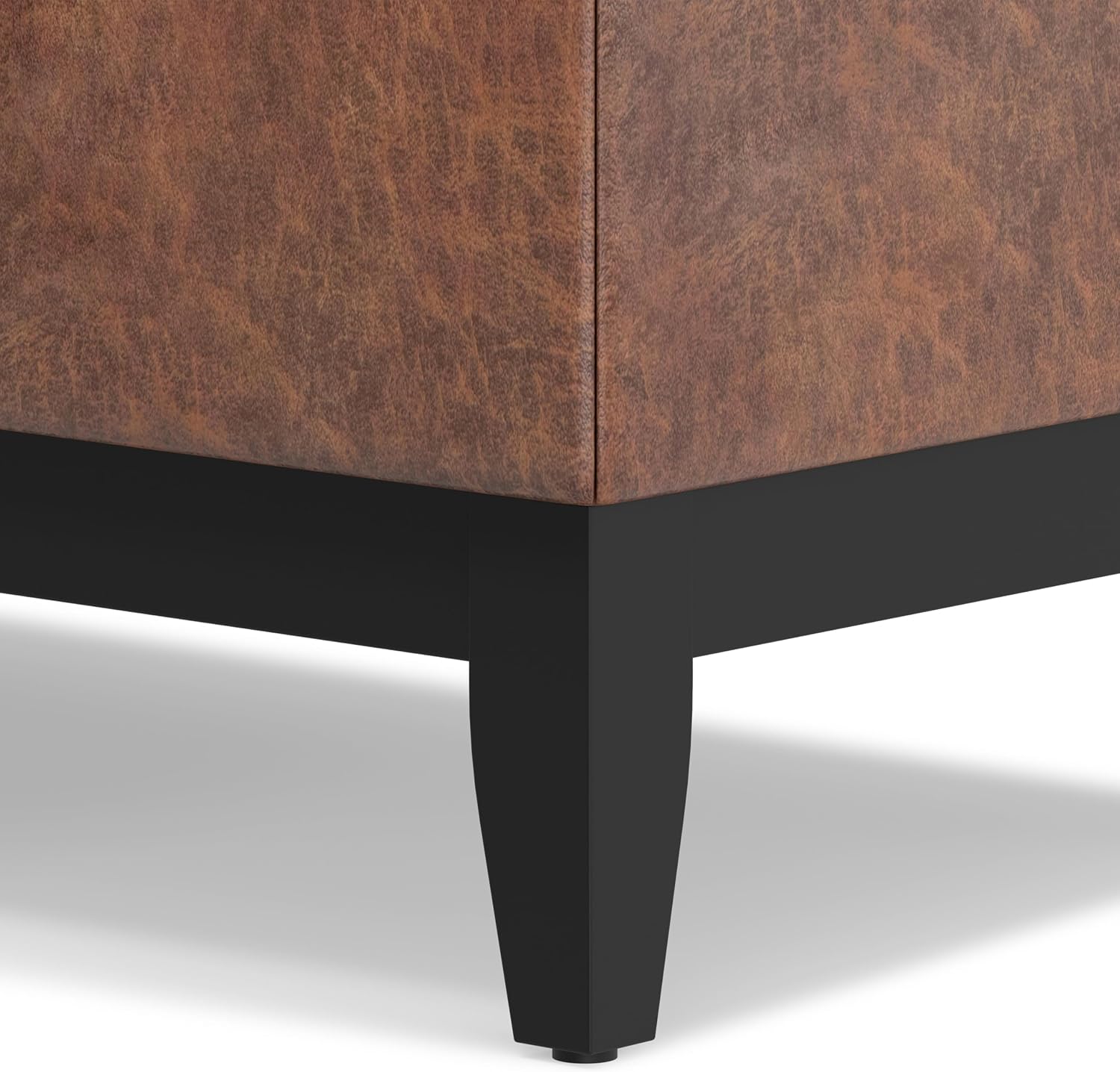 SIMPLIHOME Oregon Storage Ottoman Bench with Tray - 42 inch Wide Vegan Leather Rectangle Storage Ottoman Bench in Distressed Saddle Brown, Transitional Tufted Ottoman for Living Room with Lift-Up Lid